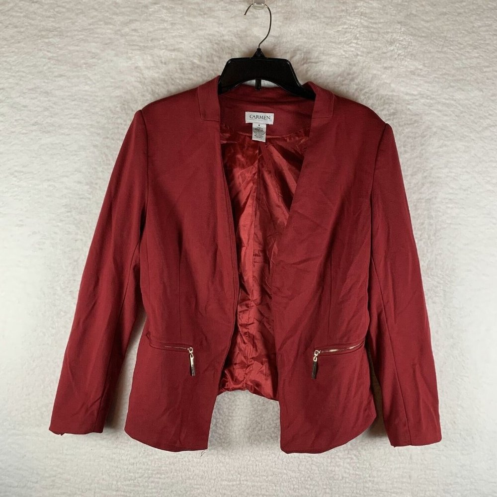 Carmen Milano Blazer Women's 8 Red Rayon Stretch Long Sleeve Lapelless 6590